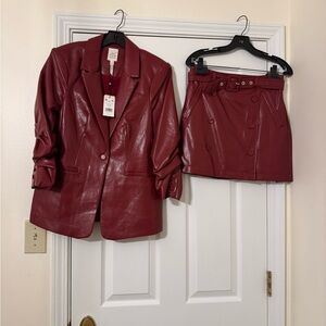 Cinq à Sept Rhubarb Leather Buttoned Belted Mini Skirt